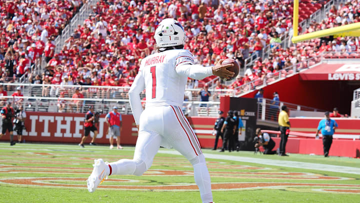 Oct 6, 2024; Santa Clara, California, USA; Arizona Cardinals quarterback Kyler Murray (1) scores a touchdown against the San Francisco 49ers during the first quarter at Levi's Stadium. Mandatory Credit: Kelley L Cox-Imagn Images