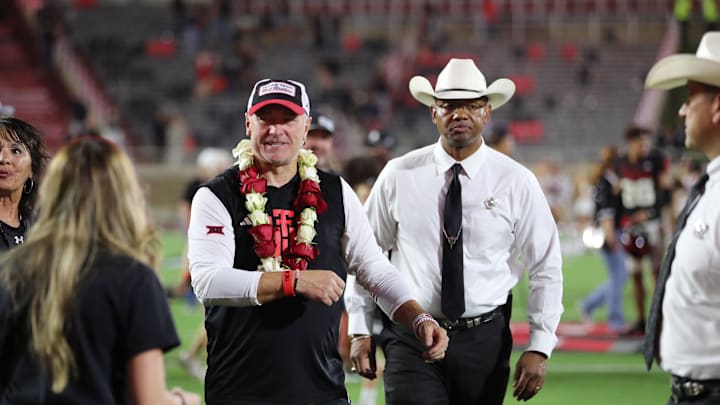 Oct 11, 2025; Lubbock, Texas, USA;  Texas Tech Red Raiders head coach Joey McGuire leaves the field after the game against the Kansas Jayhawks at Jones AT&T Stadium. Mandatory Credit: Michael C. Johnson-Imagn Images