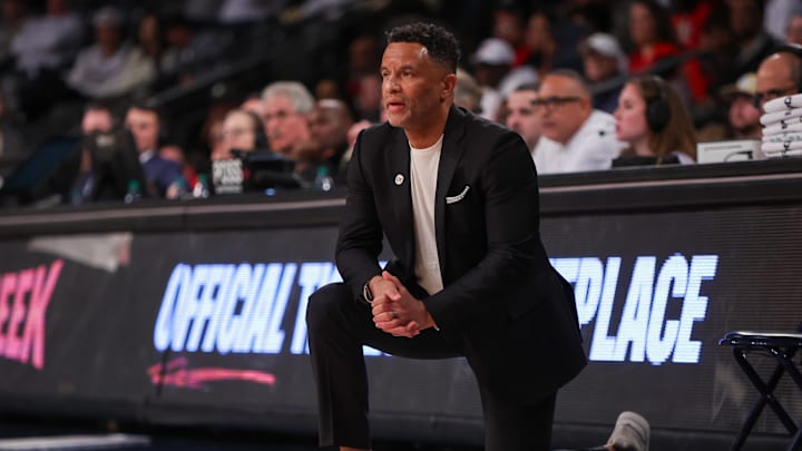 Dec 16, 2025; Atlanta, Georgia, USA; Georgia Tech Yellow Jackets head coach Damon Stoudamire on the sideline against the Marist Red Foxes in the first half at McCamish Pavilion. Mandatory Credit: Brett Davis-Imagn Images
