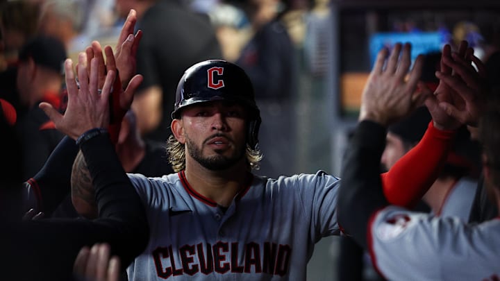 Sep 20, 2025; Minneapolis, Minnesota, USA; Cleveland Guardians shortstop Gabriel Arias (13) celebrates after scoring against the Minnesota Twins during the fifth inning of game two of a double header at Target Field. Mandatory Credit: Matt Krohn-Imagn Images