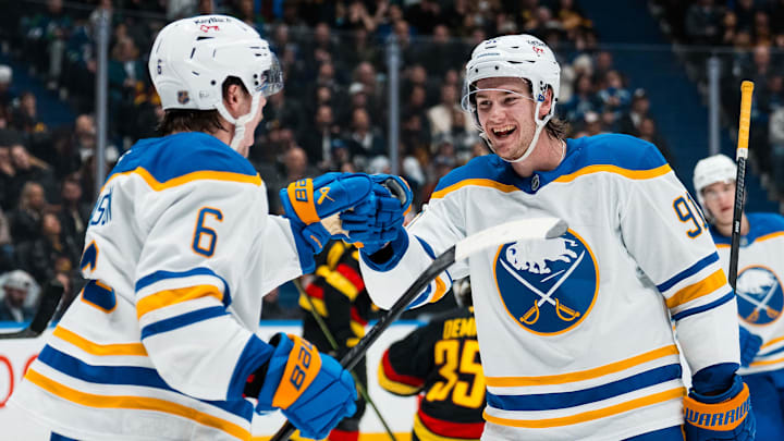 Dec 11, 2025; Vancouver, British Columbia, CAN; Buffalo Sabres forward Josh Doan (91) and forward Zach Benson (6) celebrate Benson’s goal against the Vancouver Canucks in the second period at Rogers Arena. Mandatory Credit: Bob Frid-Imagn Images