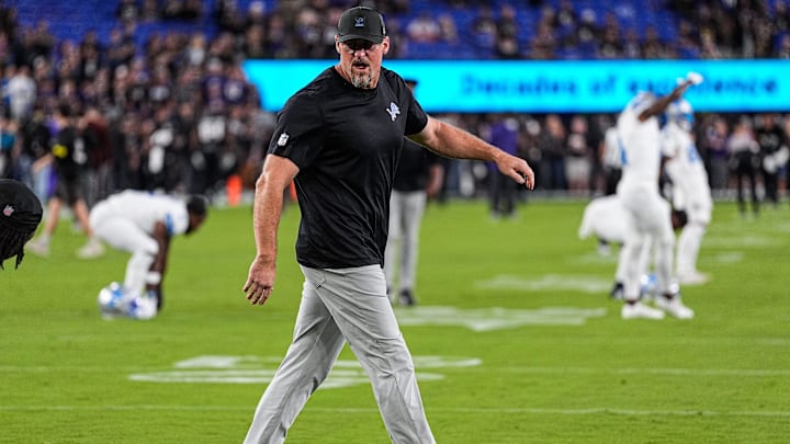 Detroit Lions head coach Dan Campbell watches warm up ahead of game against Baltimore Ravens at M&T Bank Stadium in Baltimore, Md. on Monday, Sept. 22, 2025.