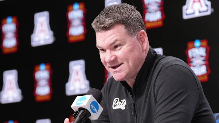 Apr 2, 2026; Indianapolis, IN, USA; Arizona head coach Tommy Lloyd during a press conference ahead of the Final Four of the men's 2026 NCAA Tournament at Lucas Oil Stadium. Mandatory Credit: Robert Deutsch-Imagn Images