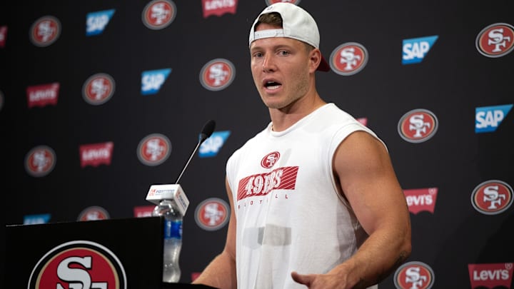 Jun 11, 2025; Santa Clara, CA, USA; San Francisco 49ers running back Christian McCaffrey speaks to the media following a team OTA at Levi's Stadium. Mandatory Credit: D. Ross Cameron-Imagn Images Jun 11, 2025; Santa Clara, CA, USA; San Francisco 49ers running back Christian McCaffrey speaks to the media following a team OTA at Levi's Stadium. Mandatory Credit: D. Ross Cameron-Imagn Images