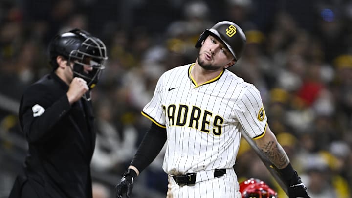 May 14, 2025; San Diego, California, USA; San Diego Padres center fielder Jackson Merrill (3) reacts after striking out during the eighth inning against the Los Angeles Angels at Petco Park. Mandatory Credit: Denis Poroy-Imagn Images