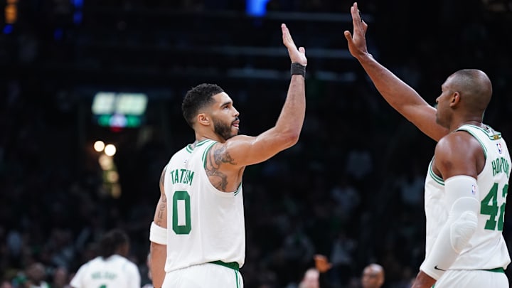 May 5, 2025; Boston, Massachusetts, USA; Boston Celtics forward Jayson Tatum (0) and center Al Horford (42) react after play against the New York Knicks in the third quarter during game one of the second round for the 2025 NBA Playoffs at TD Garden. Mandatory Credit: David Butler II-Imagn Images May 5, 2025; Boston, Massachusetts, USA; Boston Celtics forward Jayson Tatum (0) and center Al Horford (42) react after play against the New York Knicks in the third quarter during game one of the second round for the 2025 NBA Playoffs at TD Garden. Mandatory Credit: David Butler II-Imagn Images
