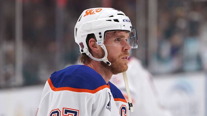 Apr 8, 2026; San Jose, California, USA;  Edmonton Oilers center Connor McDavid (97) warms up before the game against the San Jose Sharks at SAP Center at San Jose. Mandatory Credit: David Gonzales-Imagn Images