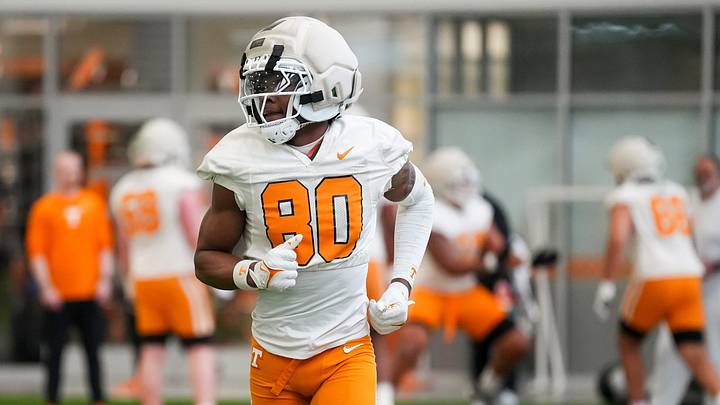 Tennessee wide receiver TK Keys (80) during the Vols' spring football practice in Knoxville on March 17, 2026. Tennessee wide receiver TK Keys (80) during the Vols' spring football practice in Knoxville on March 17, 2026.