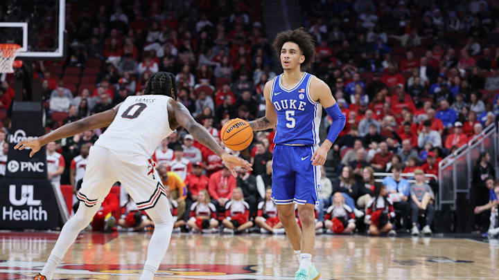 Duke v Louisville; Duke basketball guard Tyrese Proctor plays against the Louisville basketball program