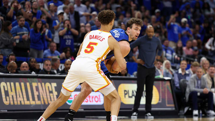Apr 15, 2025; Orlando, Florida, USA; Orlando Magic forward Franz Wagner (22) is guarded by Atlanta Hawks guard Dyson Daniels (5) in the fourth quarter at Kia Center. Mandatory Credit: Nathan Ray Seebeck-Imagn Images Apr 15, 2025; Orlando, Florida, USA; Orlando Magic forward Franz Wagner (22) is guarded by Atlanta Hawks guard Dyson Daniels (5) in the fourth quarter at Kia Center. Mandatory Credit: Nathan Ray Seebeck-Imagn Images