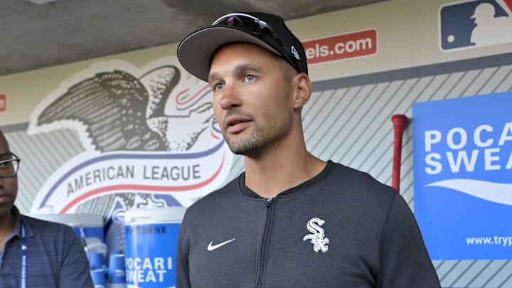 Chicago White Sox interim manager Grady Sizemore (24) speaks to media prior to the game against the Los Angeles Angels at Angel Stadium on Sept 16.