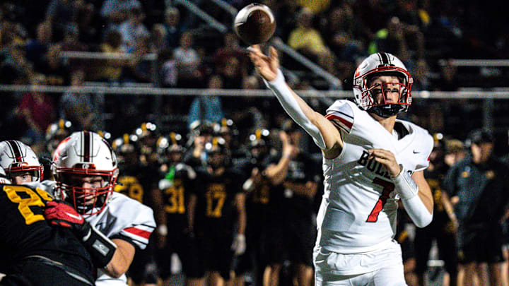 Algona's Alex Manske attempts a pass during a game at Lions Field on Friday, Sept. 29, 2023, in Clear Lake. Algona's Alex Manske attempts a pass during a game at Lions Field on Friday, Sept. 29, 2023, in Clear Lake.