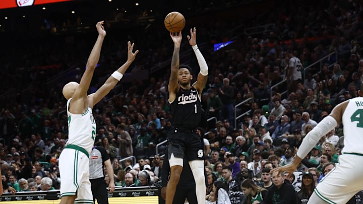 Mar 5, 2025; Boston, Massachusetts, USA; Portland Trail Blazers guard Anfernee Simons (1) shoots against the Boston Celtics during the second half at TD Garden. Mandatory Credit: Winslow Townson-Imagn Images Mar 5, 2025; Boston, Massachusetts, USA; Portland Trail Blazers guard Anfernee Simons (1) shoots against the Boston Celtics during the second half at TD Garden. Mandatory Credit: Winslow Townson-Imagn Images