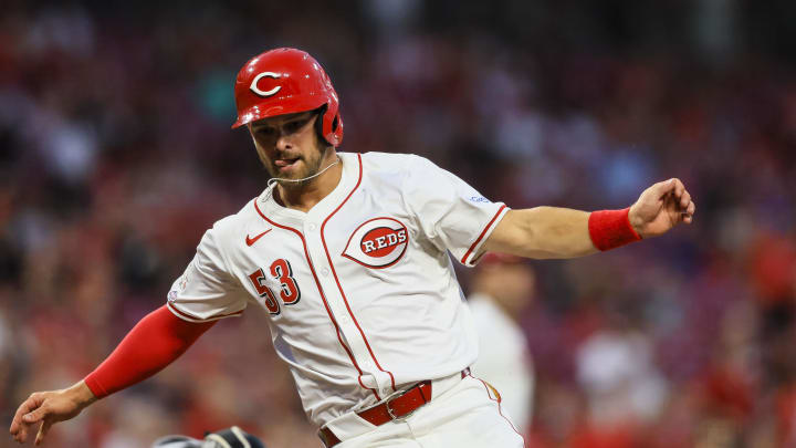 Jun 24, 2024; Cincinnati, Ohio, USA; Cincinnati Reds outfielder Levi Jordan (53) scores on a RBI double hit by catcher Luke Maile (not pictured) in the sixth inning against the Pittsburgh Pirates at Great American Ball Park. Mandatory Credit: Katie Stratman-USA TODAY Sports Jun 24, 2024; Cincinnati, Ohio, USA; Cincinnati Reds outfielder Levi Jordan (53) scores on a RBI double hit by catcher Luke Maile (not pictured) in the sixth inning against the Pittsburgh Pirates at Great American Ball Park. Mandatory Credit: Katie Stratman-USA TODAY Sports