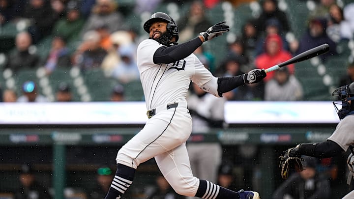 Detroit Tigers right fielder Manuel Margot (7) bats against New York Yankees during the second inning at Comerica Park in Detroit on Monday, April 7, 2025.