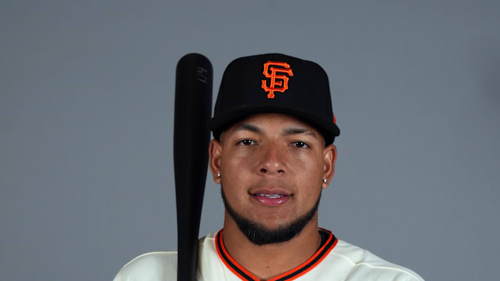 Feb 19, 2026; Scottsdale, AZ, USA; San Francisco Giants right fielder Victor Bericoto (83) poses during Photo Day at Scottsdale Stadium. Mandatory Credit: Rick Scuteri-Imagn Images