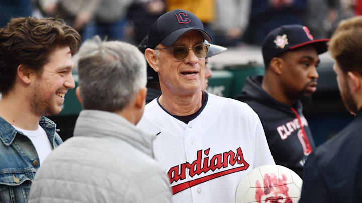 Tom Hanks, avid baseball fan, talks before the Guardians' 2022 home opener. Tom Hanks, avid baseball fan, talks before the Guardians' 2022 home opener.