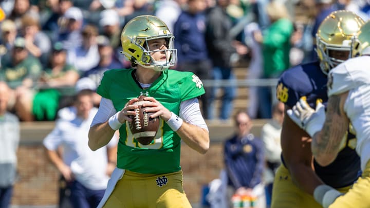 Apr 12, 2025; Notre Dame, IN, USA; Notre Dame Fighting Irish quarterback Steve Angeli (18) drops back to pass during the Blue-Gold game at Notre Dame Stadium. Mandatory Credit: Michael Caterina-Imagn Images