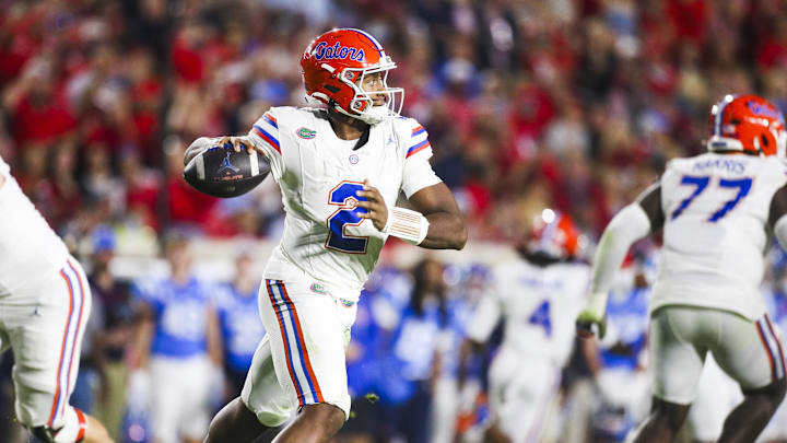 Nov 15, 2025; Oxford, Mississippi, USA; Florida Gators quarterback DJ Lagway (2) passes against the Mississippi Rebels during the second quarter at Vaught-Hemingway Stadium. Mandatory Credit: Petre Thomas-Imagn Images Nov 15, 2025; Oxford, Mississippi, USA; Florida Gators quarterback DJ Lagway (2) passes against the Mississippi Rebels during the second quarter at Vaught-Hemingway Stadium. Mandatory Credit: Petre Thomas-Imagn Images