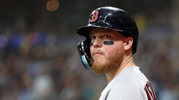 Apr 12, 2023; St. Petersburg, Florida, USA; Boston Red Sox right fielder Alex Verdugo (99) looks on