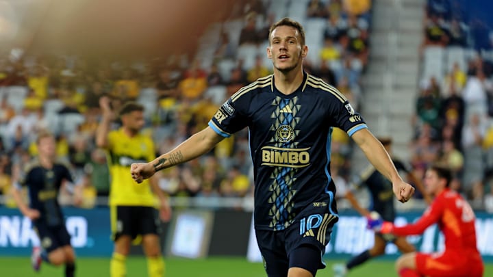 Aug 21, 2024; Columbus, Ohio, USA; Philadelphia Union midfielder Daniel Gazdag (10) celebrates after scoring a goal against the Columbus Crew during the first half in a Leagues Cup semifinal match at Lower.com Field. Mandatory Credit: Trevor Ruszkowski-Imagn Images