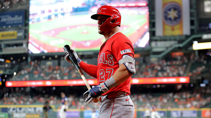 Aug 31, 2025; Houston, Texas, USA; Los Angeles Angels designated hitter Mike Trout (27) in the on-deck circle prior to the game against the Houston Astros at Daikin Park. Mandatory Credit: Erik Williams-Imagn Images