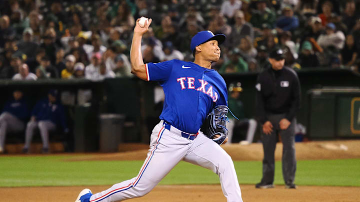 Sep 25, 2024; Oakland, California, USA; Texas Rangers relief pitcher Jose Leclerc (25) pitches the ball against the Oakland Athletics during the eighth inning at Oakland-Alameda County Coliseum. Mandatory Credit: Kelley L Cox-Imagn Images
