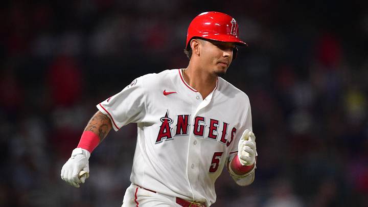 Aug 31, 2026; Anaheim, California, USA; Los Angeles Angels first baseman Vaughn Grissom (5) runs after hitting a two run RBI double against the New York Yankees during the eighth inning at Angel Stadium. Mandatory Credit: Gary A. Vasquez-Imagn Images