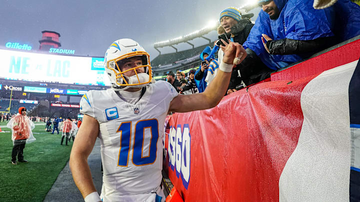 Dec 3, 2023; Foxborough, Massachusetts, USA; Los Angeles Chargers quarterback Justin Herbert (10) is