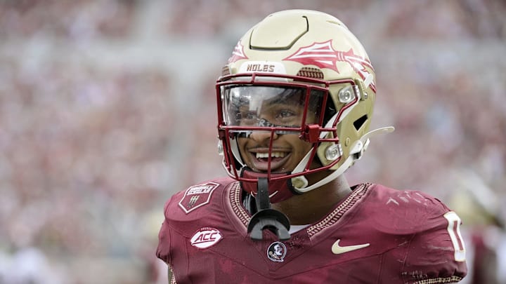 Aug 30, 2025; Tallahassee, Florida, USA; Florida State Seminoles defensive back Earl Little Jr. (0) looks on against the Alabama Crimson Tide during the first half at Doak S. Campbell Stadium. Mandatory Credit: Melina Myers-Imagn Images