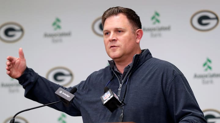 Green Bay Packers general manager Brian Gutekunst speaks to media after trading quarterback Aaron Rodgers to the New York Jets on April 25, 2023, at Lambeau Field in Green Bay, Wis.

Gpg Gutekunstpresser 042623 Sk25