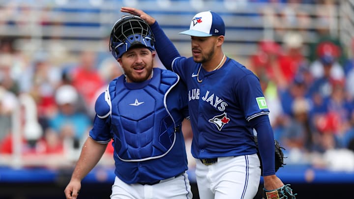 Feb 29, 2024; Dunedin, Florida, USA;  Toronto Blue Jays starting pitcher Jose Berrios (17) and