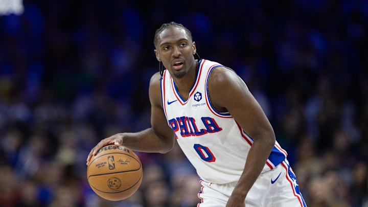 Feb 22, 2025; Philadelphia, Pennsylvania, USA; Philadelphia 76ers guard Tyrese Maxey (0) dribbles the ball against the Brooklyn Nets during the third quarter at Wells Fargo Center. Mandatory Credit: Bill Streicher-Imagn Images