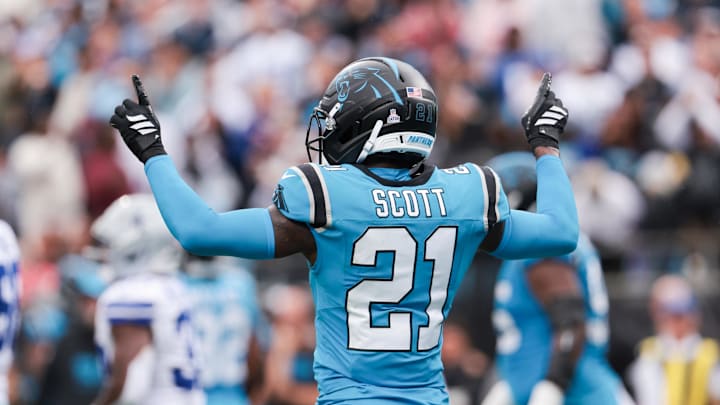 Oct 12, 2025; Charlotte, North Carolina, USA; Carolina Panthers safety Nick Scott (21) reacts after a play during the second half against the Dallas Cowboys at Bank of America Stadium. Mandatory Credit: Scott Kinser-Imagn Images