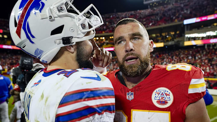Dec 10, 2023; Kansas City, Missouri, USA; Buffalo Bills quarterback Josh Allen (17) greets Kansas City Chiefs tight end Travis Kelce (87) after a game at GEHA Field at Arrowhead Stadium. Mandatory Credit: Jay Biggerstaff-Imagn Images Dec 10, 2023; Kansas City, Missouri, USA; Buffalo Bills quarterback Josh Allen (17) greets Kansas City Chiefs tight end Travis Kelce (87) after a game at GEHA Field at Arrowhead Stadium. Mandatory Credit: Jay Biggerstaff-Imagn Images