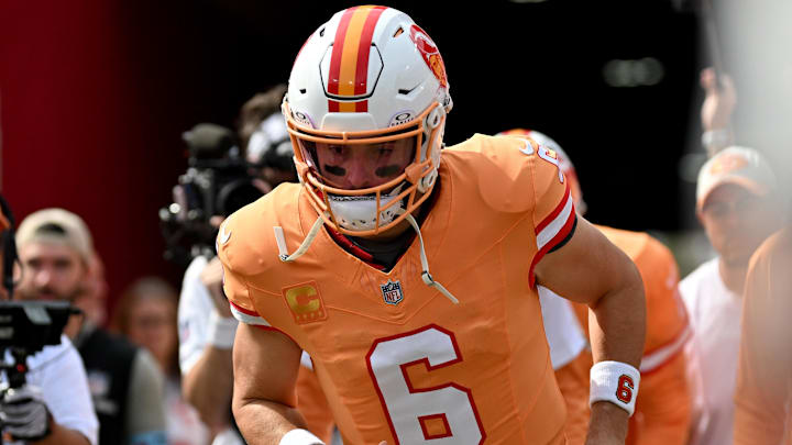 Oct 27, 2024; Tampa, Florida, USA; Tampa Bay Buccaneers quarterback Baker Mayfield (6) jogs on to the field before the start of the game against the Atlanta Falcons at Raymond James Stadium. Mandatory Credit: Jonathan Dyer-Imagn Images