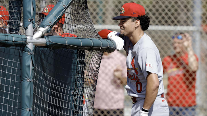 Feb 16, 2026; Jupiter, FL, USA; St. Louis Cardinals shortstop Masyn Winn (0) waits to bat during spring training workouts at Roger Dean Stadium. Mandatory Credit: Reinhold Matay-Imagn Images