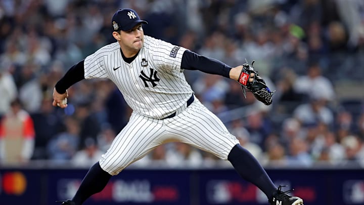 Oct 30, 2024; New York, New York, USA; New York Yankees pitcher Tommy Kahnle (41) pitches during the eighth inning against the Los Angeles Dodgers in game four of the 2024 MLB World Series at Yankee Stadium. Mandatory Credit: Brad Penner-Imagn Images