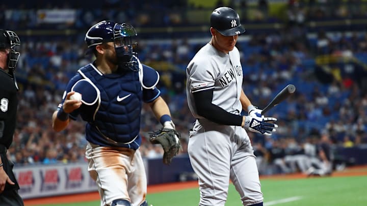 Sep 25, 2019; St. Petersburg, FL, USA; New York Yankees right fielder Aaron Judge (99) strikes out during the eighth inning against the Tampa Bay Rays at Tropicana Field. Mandatory Credit: Kim Klement-Imagn Images