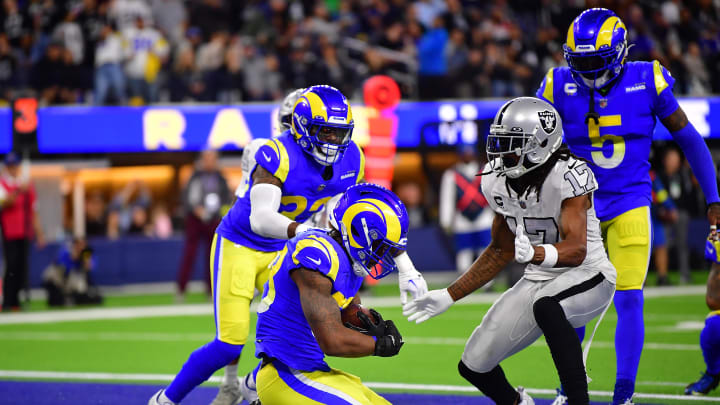 Dec 8, 2022; Inglewood, California, USA; Los Angeles Rams linebacker Ernest Jones (53) intercepts a pass intended for Las Vegas Raiders wide receiver Davante Adams (17) during the first half at SoFi Stadium. Mandatory Credit: Gary A. Vasquez-USA TODAY Sports