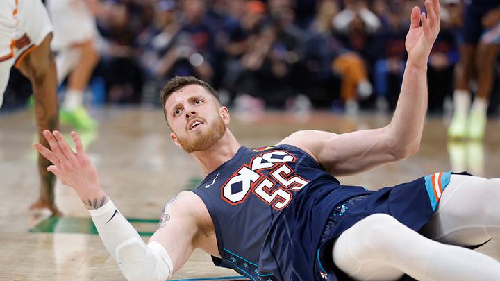 Apr 22, 2026; Oklahoma City, Oklahoma, USA; Oklahoma City Thunder center Isaiah Hartenstein (55) reacts after falling to the floor during a play against the Phoenix Suns in the second half during game two of the first round of the 2026 NBA Playoffs at Paycom Center. Mandatory Credit: Alonzo Adams-Imagn Images Apr 22, 2026; Oklahoma City, Oklahoma, USA; Oklahoma City Thunder center Isaiah Hartenstein (55) reacts after falling to the floor during a play against the Phoenix Suns in the second half during game two of the first round of the 2026 NBA Playoffs at Paycom Center. Mandatory Credit: Alonzo Adams-Imagn Images