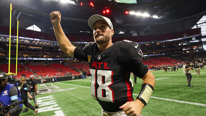 Nov 3, 2024; Atlanta, Georgia, USA; Atlanta Falcons quarterback Kirk Cousins (18) celebrates after a victory over the Dallas Cowboys at Mercedes-Benz Stadium. Mandatory Credit: Brett Davis-Imagn Images
