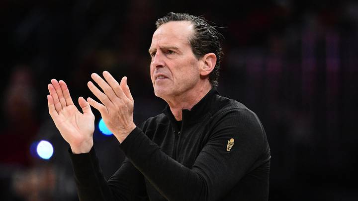 May 3, 2026; Cleveland, Ohio, USA; Cleveland Cavaliers head coach Kenny Atkinson reacts against the Toronto Raptors during the first half of game seven in the first round of the 2026 NBA Playoffs at Rocket Arena. Mandatory Credit: Ken Blaze-Imagn Images