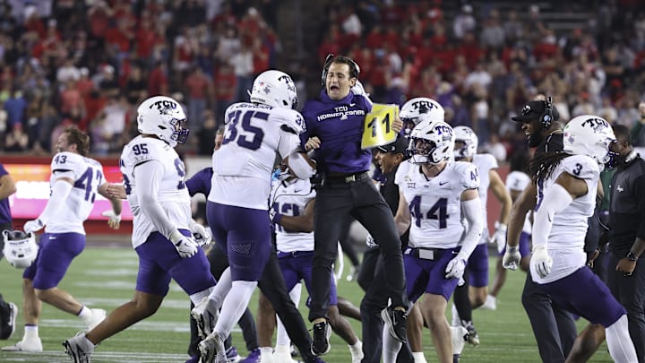 TCU Horned Frogs players and coaches celebrate after a missed Houston Cougars field goal attempt during the fourth quarter at TDECU Stadium.