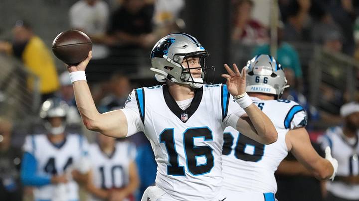 Aug 6, 2026; Canton, Ohio, USA; Carolina Panthers quarterback Haynes King (16) throws the ball against the Arizona Cardinals at Tom Benson Hall of Fame Stadium. Mandatory Credit: Kirby Lee-Imagn Images Aug 6, 2026; Canton, Ohio, USA; Carolina Panthers quarterback Haynes King (16) throws the ball against the Arizona Cardinals at Tom Benson Hall of Fame Stadium. Mandatory Credit: Kirby Lee-Imagn Images