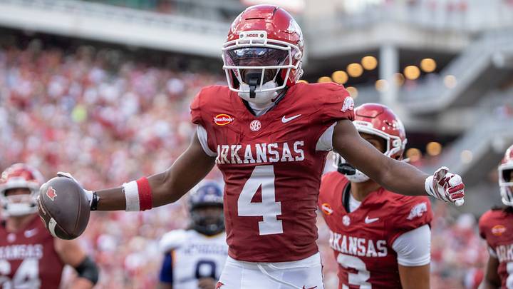 Arkansas Razorbacks wide receiver Ismael Cisse celebrates after scoring a touchdown against North Alabama. Arkansas Razorbacks wide receiver Ismael Cisse celebrates after scoring a touchdown against North Alabama.