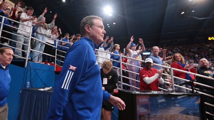 Kansas Jayhawks head coach Bill Self walks out before taking on Baylor Bears for the game inside Allen Fieldhouse on Jan. 16, 2026.