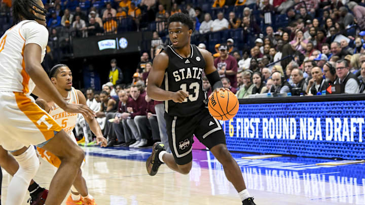 Mar 15, 2024; Nashville, TN, USA; Mississippi State Bulldogs guard Josh Hubbard (13) dribbles against the Tennessee Volunteers during the first half at Bridgestone Arena. Mandatory Credit: Steve Roberts-Imagn Images
