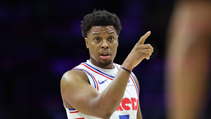 Jan 29, 2025; Philadelphia, Pennsylvania, USA; Philadelphia 76ers guard Kyle Lowry (7) reacts to a play against the Sacramento Kings during the fourth quarter at Wells Fargo Center. Mandatory Credit: Bill Streicher-Imagn Images