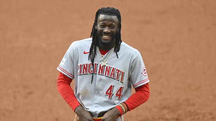 May 16, 2026; Cleveland, Ohio, USA; Cincinnati Reds shortstop Elly De La Cruz (44) stands on the field in the third inning against the Cleveland Guardians at Progressive Field. Mandatory Credit: David Richard-Imagn Images